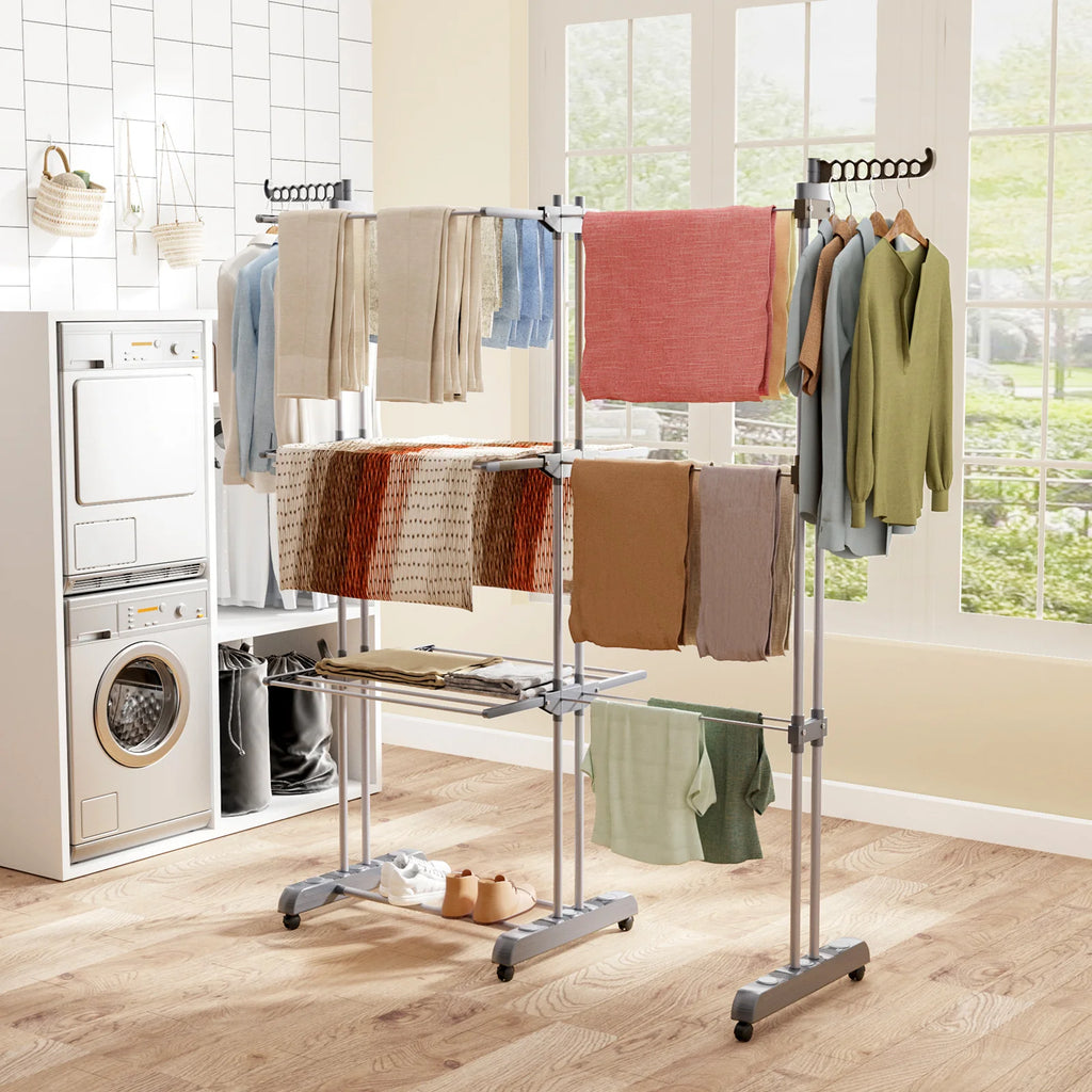 2-sided 4-tier drying rack/airer with clothes in a laundry room