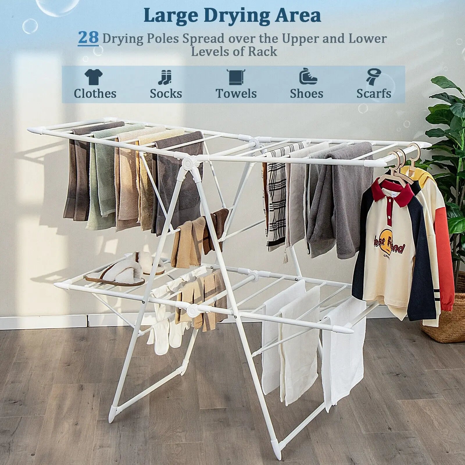 2-tier clothes drying rack/airer with various clothes indoors with highlighted features