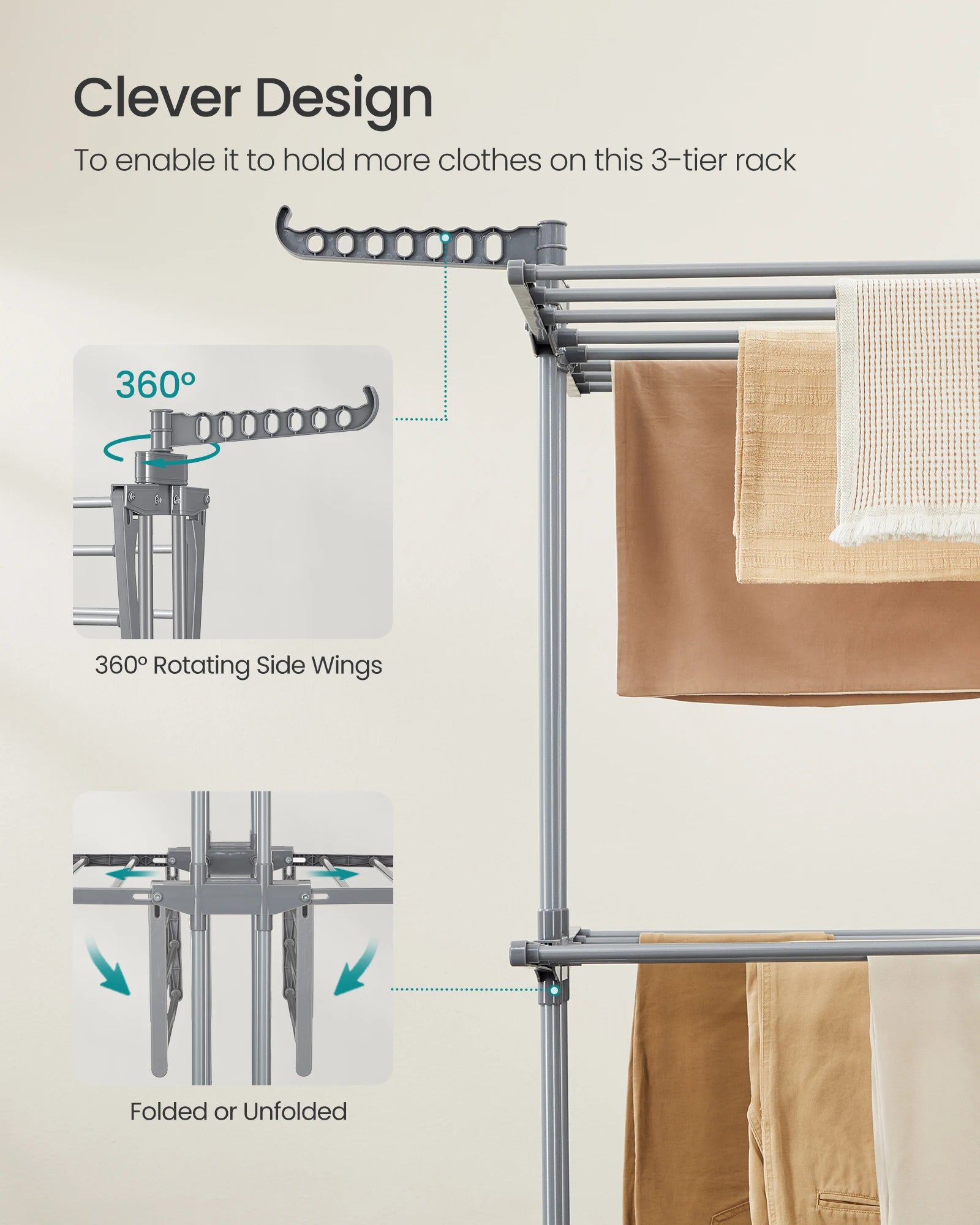 3-tier clothing rack with 360-degree rotating side wings and folded/unfolded illustration.