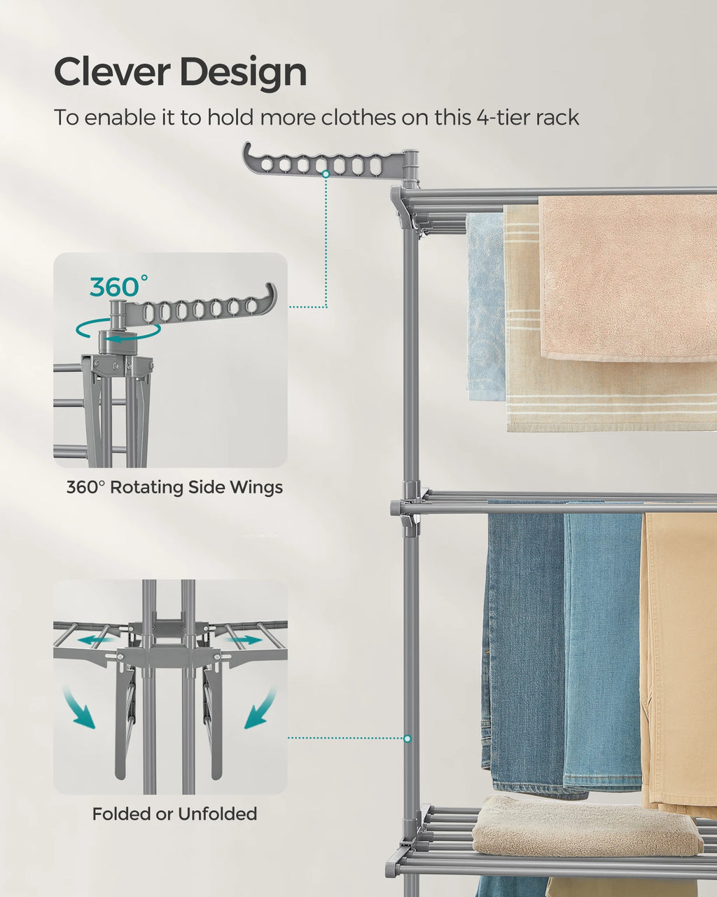 4-tier drying rack with 360-degree rotating side wings and towels on a light gray background