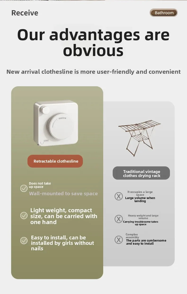 Advertisement for a retractable clothesline with features listed on a white background.