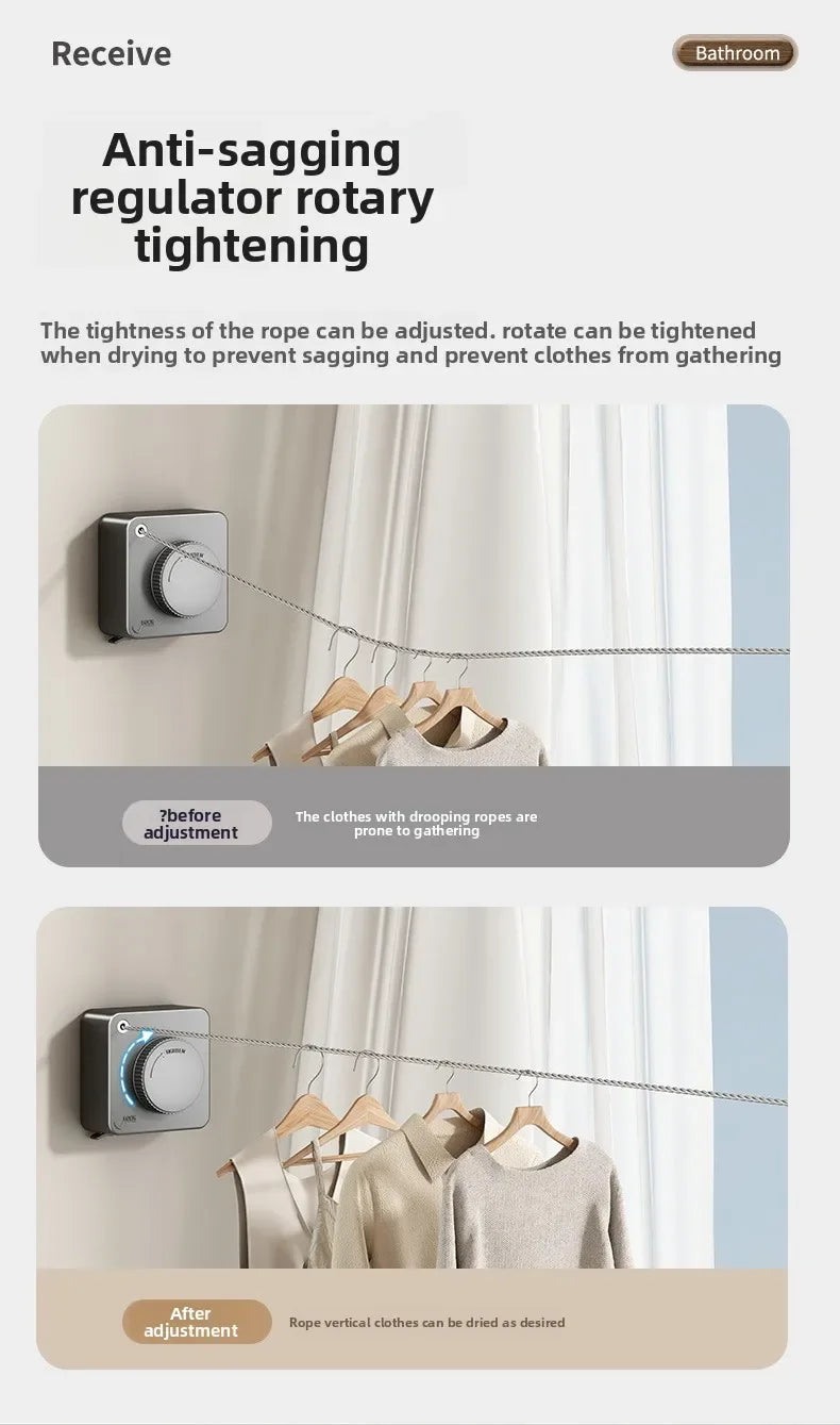 Advertisement for an anti-sagging regulator rotary tightening device with text and images of clothes on a line.