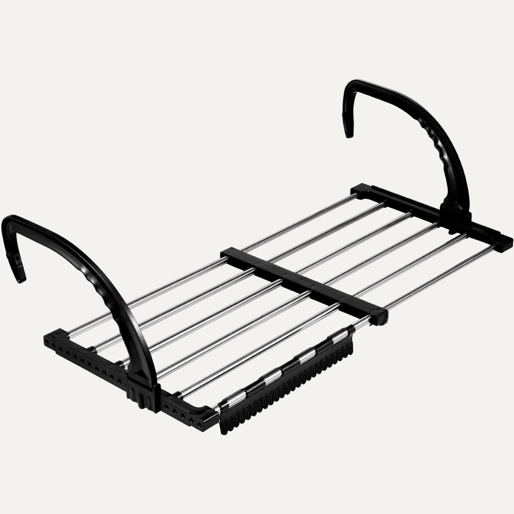 Black metal foldable drying rack/clothing airer on a white background