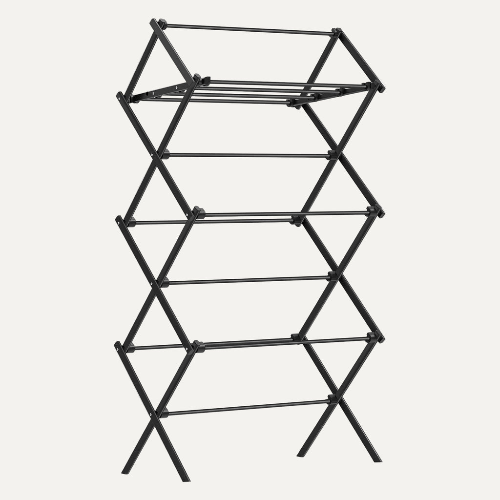 Black metal folding shelf on a white background