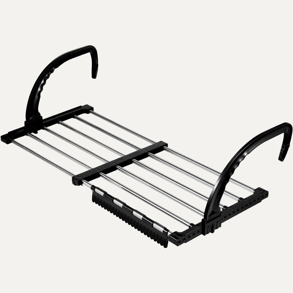 Black metal portable drying rack/clothing airer on a white background