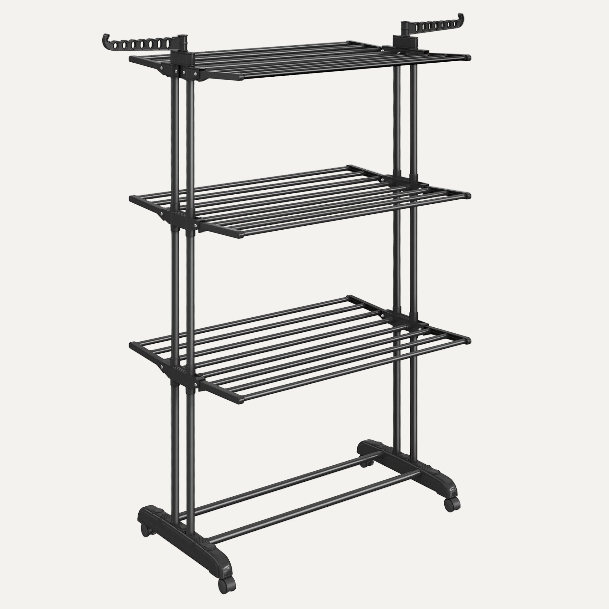 Black metal shoe rack with multiple shelves on a white background