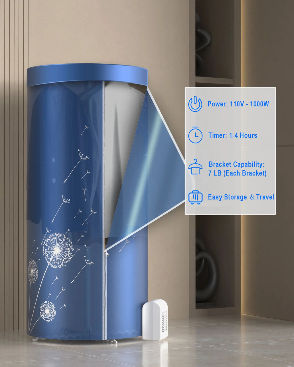 Blue cylindrical air dryer with dandelion design on a neutral background