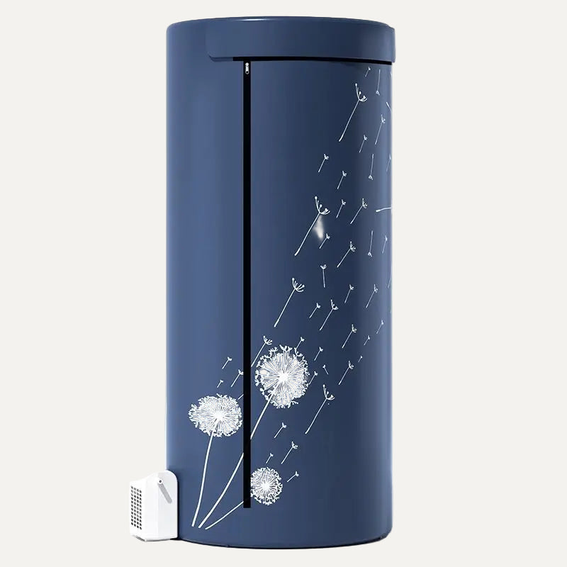 Blue cylindrical bag heated airer with white dandelion design on a white background