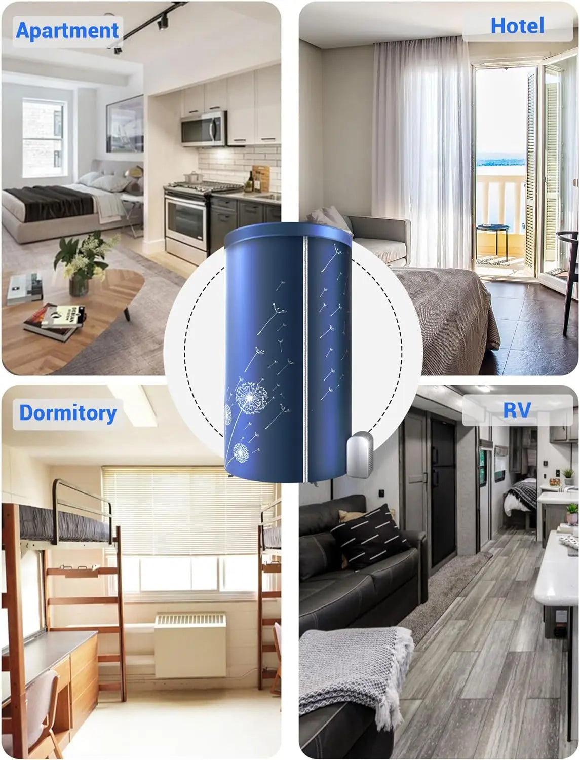 Blue cylindrical clothes airer with different living spaces labeled as Apartment, Hotel, Dormitory, and RV.