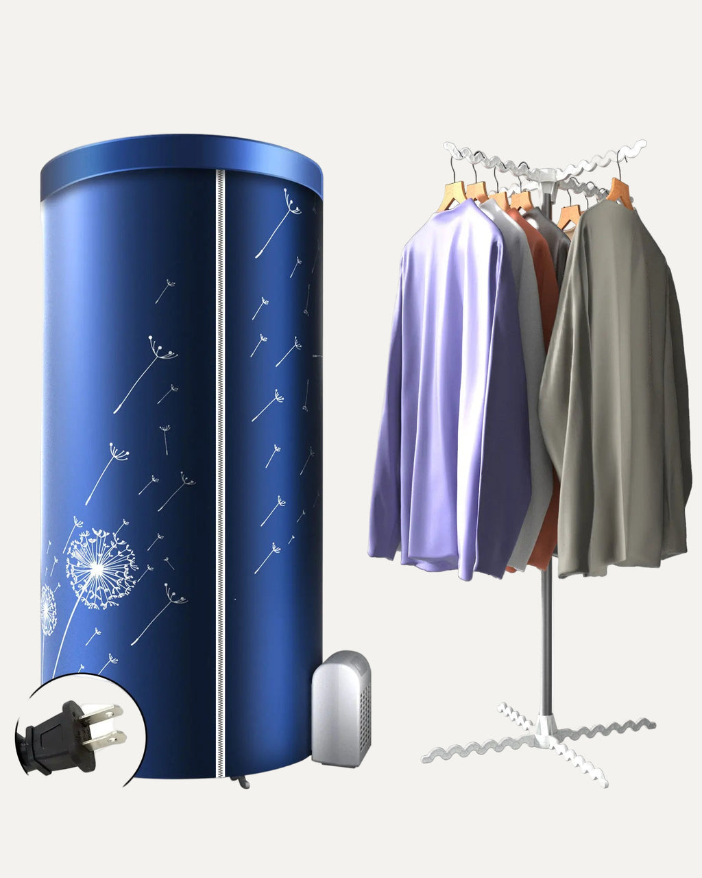 Blue cylindrical garment dryer with clothes on hangers and plug icon.