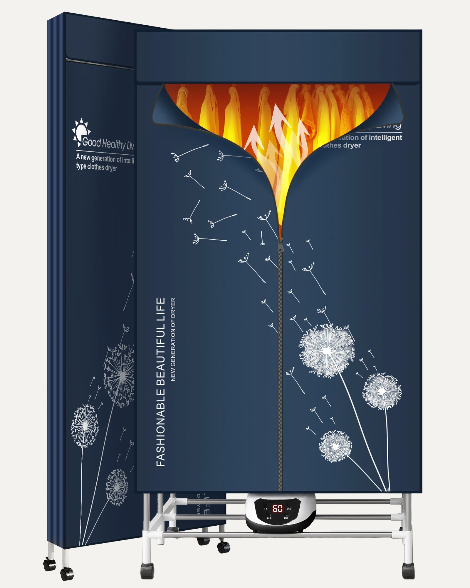 Blue electric clothes dryer bag with dandelion design on a white background