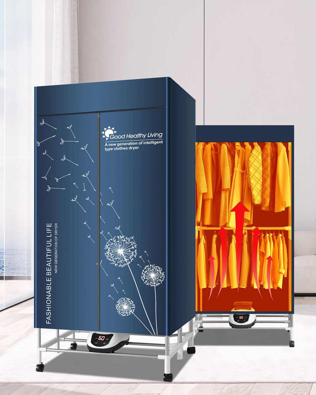 Blue electric dryer bag and interior view showing clothes being dried.