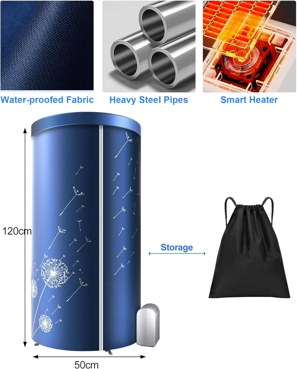 Blue heated clothes airer bag with features highlighted, including water-proof fabric, heavy steel pipes, smart heater, and a black drawstring bag.