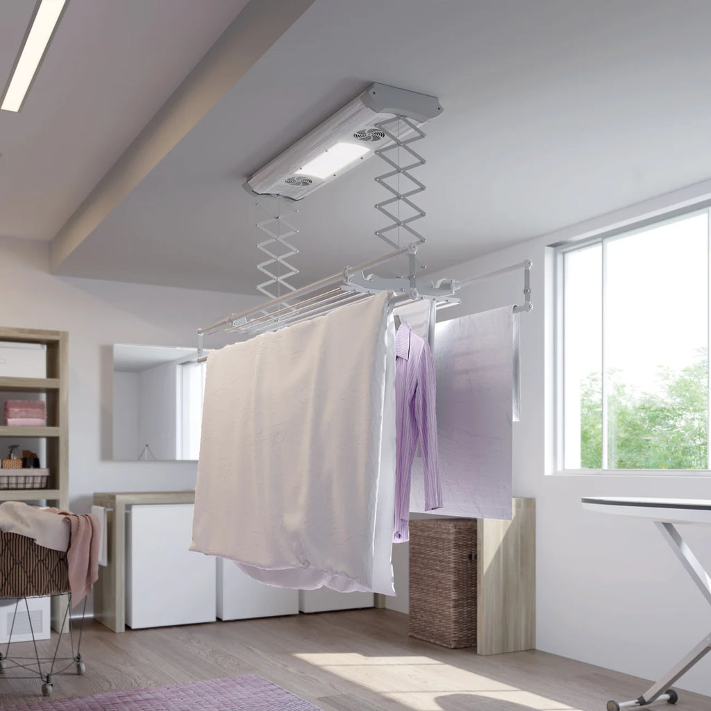 Ceiling Mounted Smart Electric Clothes Airer in a laundry room with clothes hanging on it.