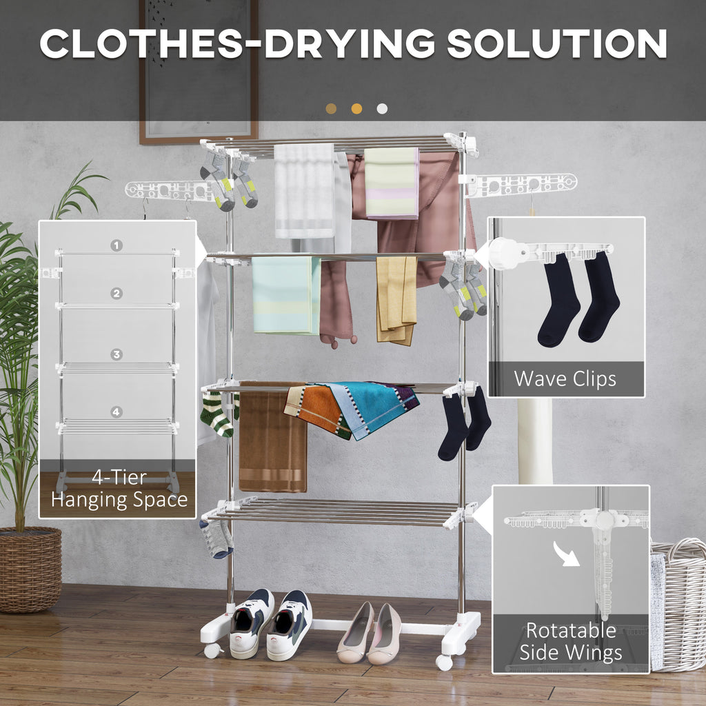 Clothes-drying rack with hanging space, wave clips, and rotatable side wings in a room setting.