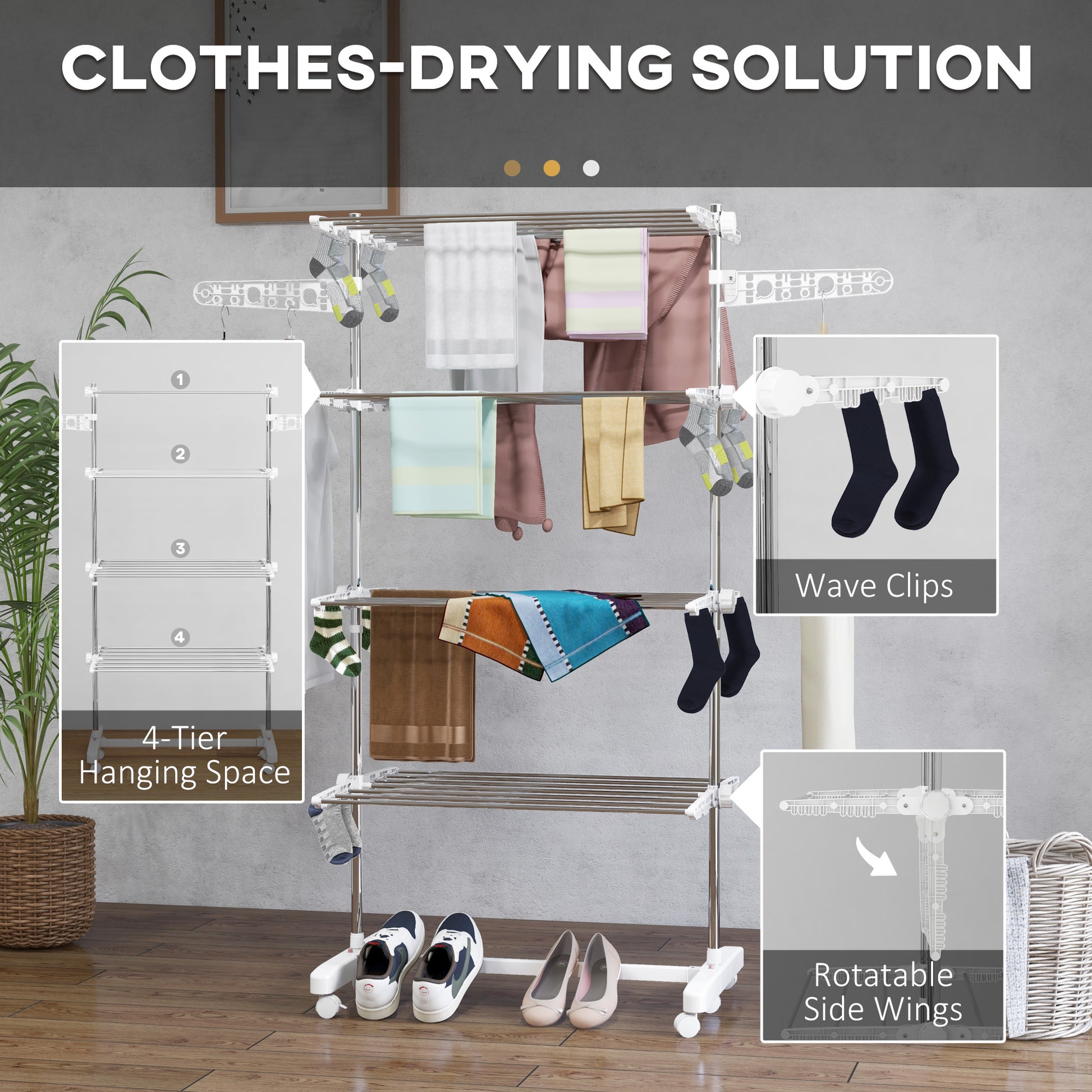 Clothes-drying rack with hanging space, wave clips, and rotatable side wings in a room setting.