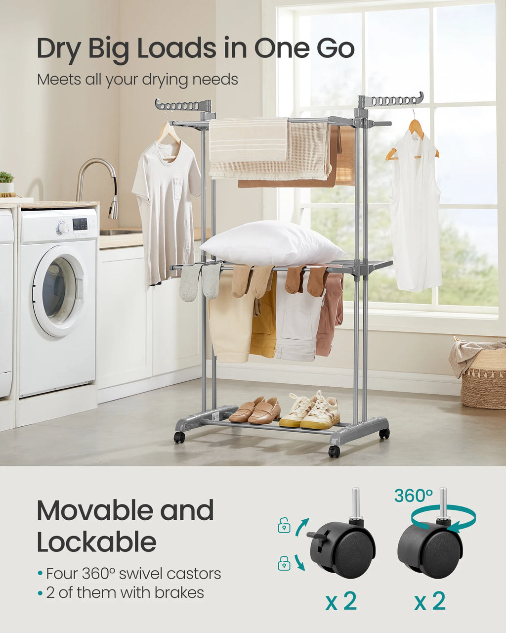 Clothes drying rack/airer with clothes in a laundry room, featuring text about its features.