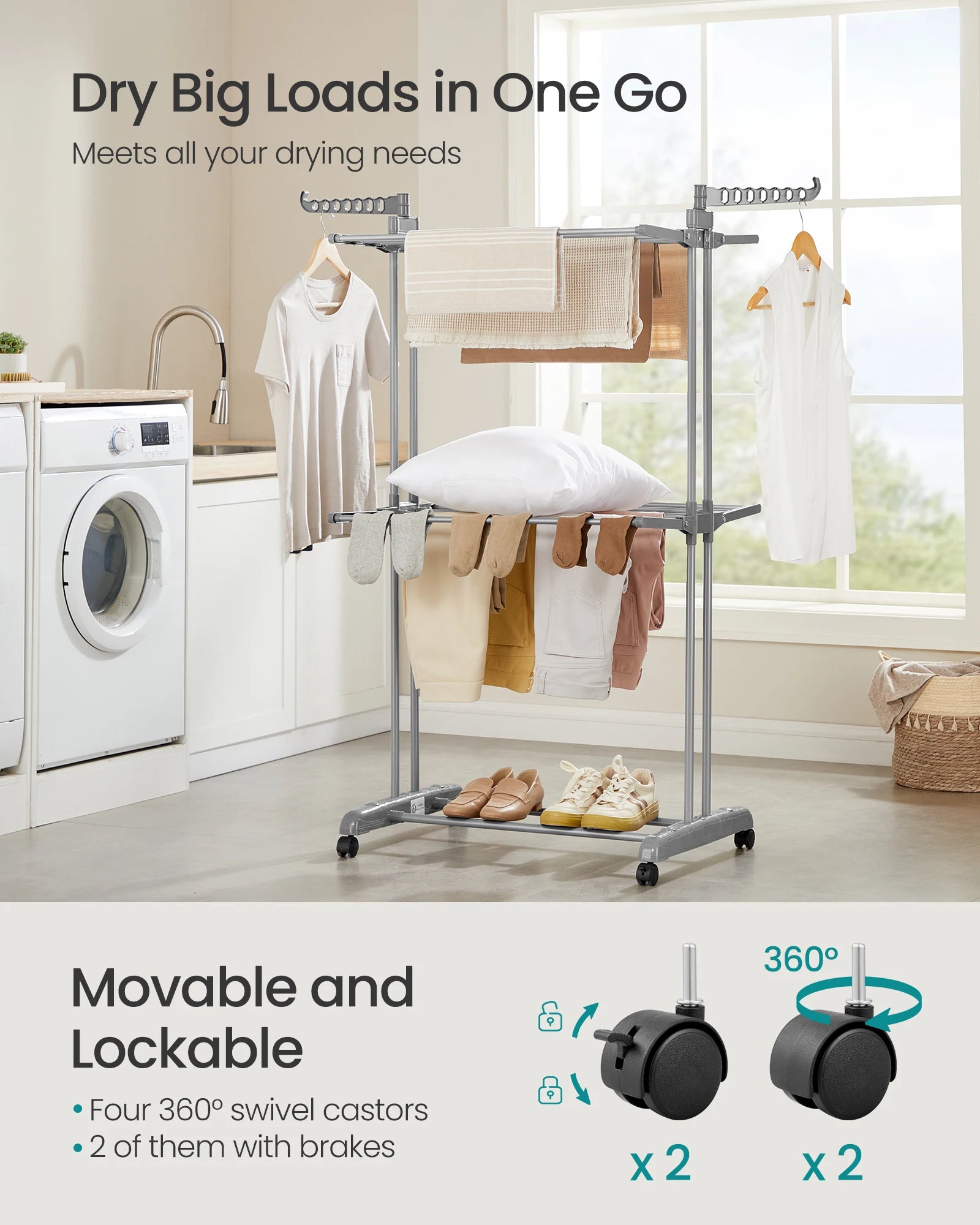 Clothes drying rack/airer with clothes in a laundry room, featuring text about its features.