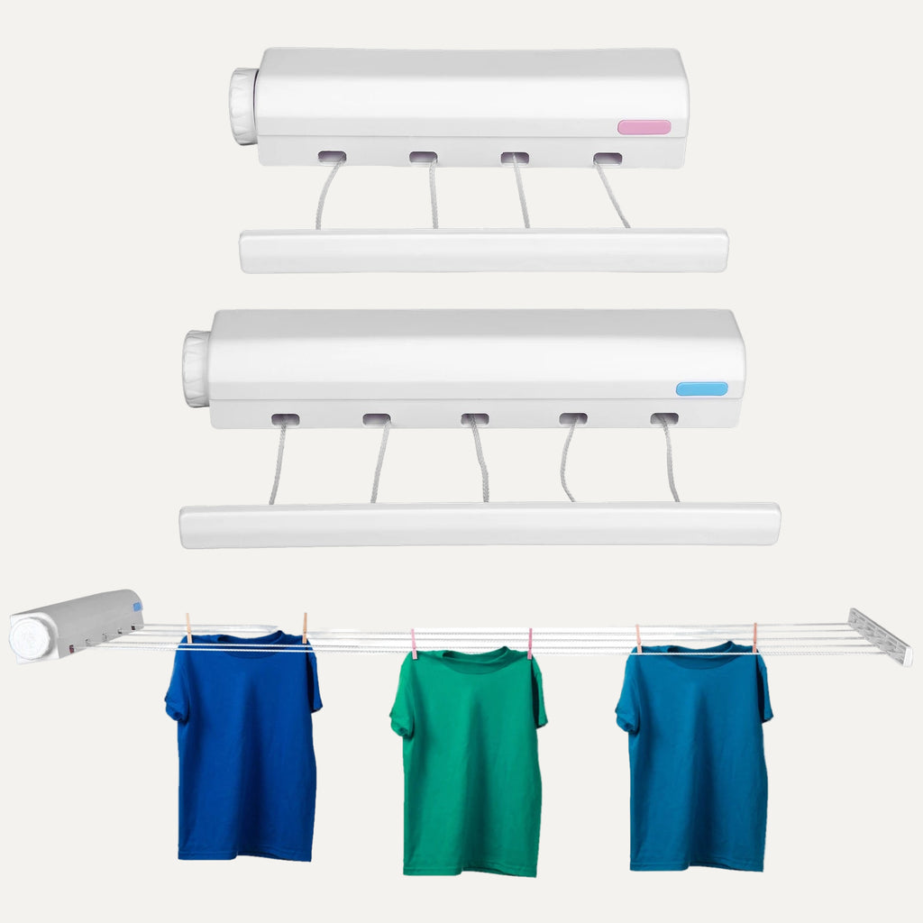 Clothes hanging on a retractable clothesline with several line on a white background