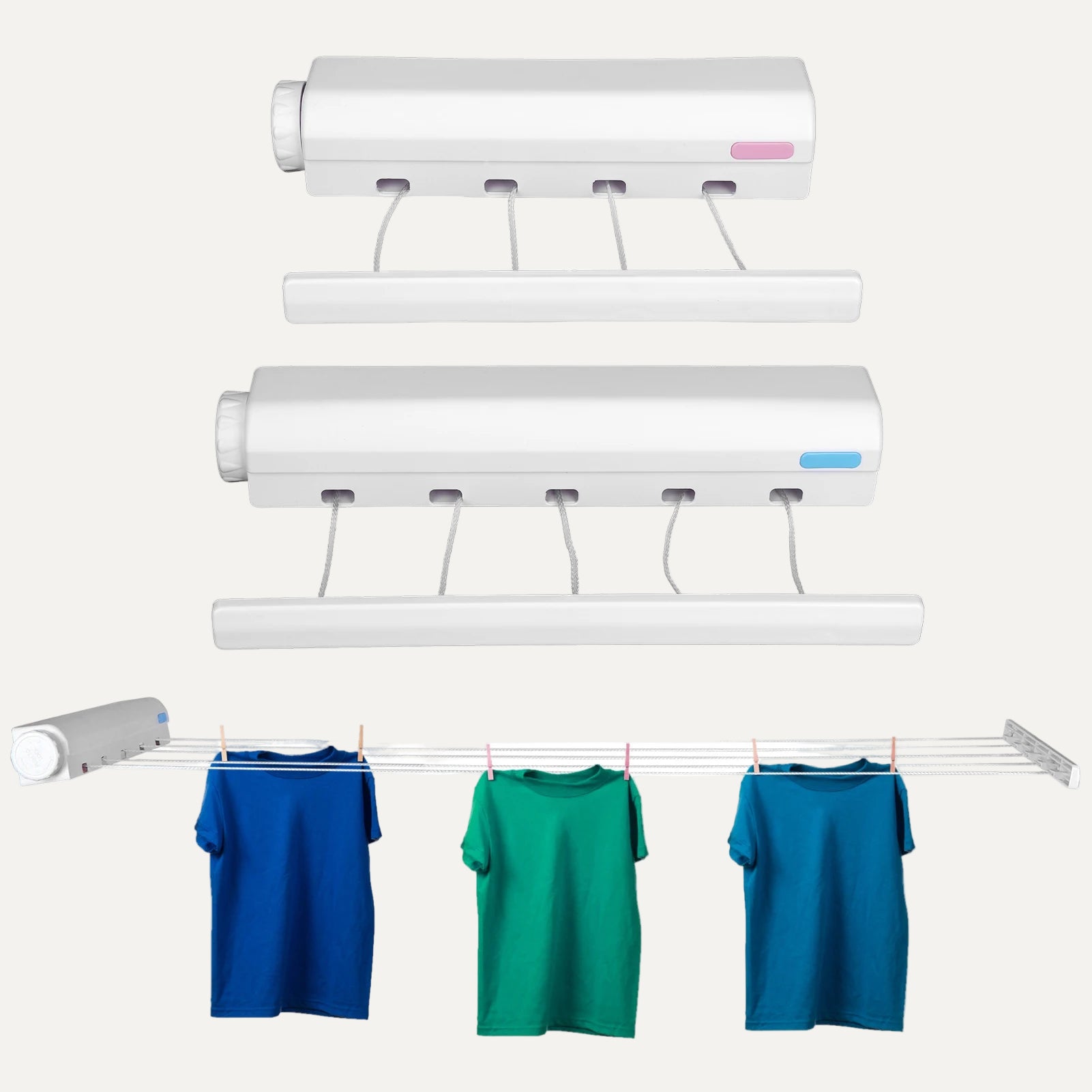 Clothes hanging on a retractable clothesline with several line on a white background