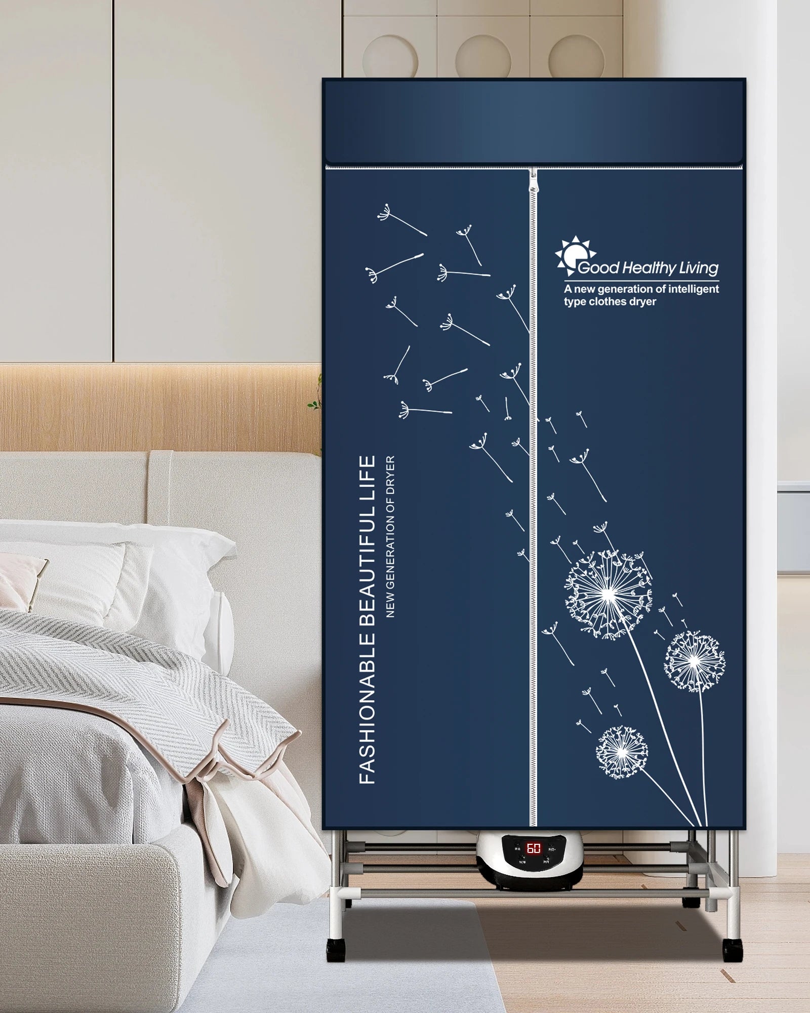 Clothing dryer with 'Good Healthy Living' branding in a bedroom setting