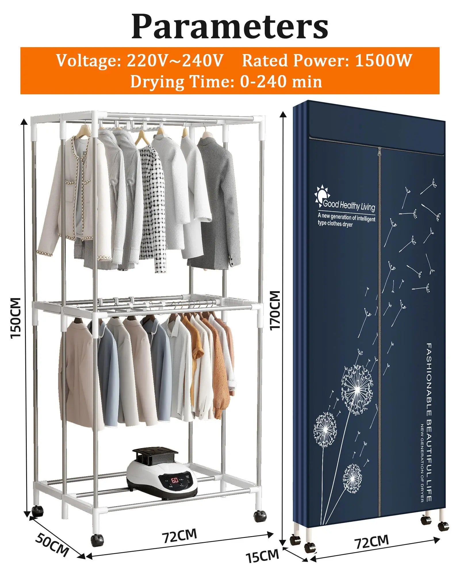 Clothing dryer with dimensions and specifications displayed