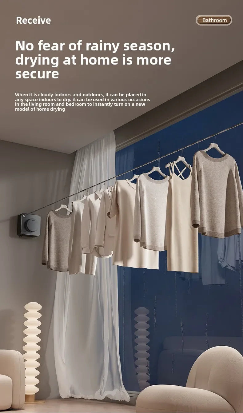 Clothing hanging on a line indoors with text about drying clothes safely.