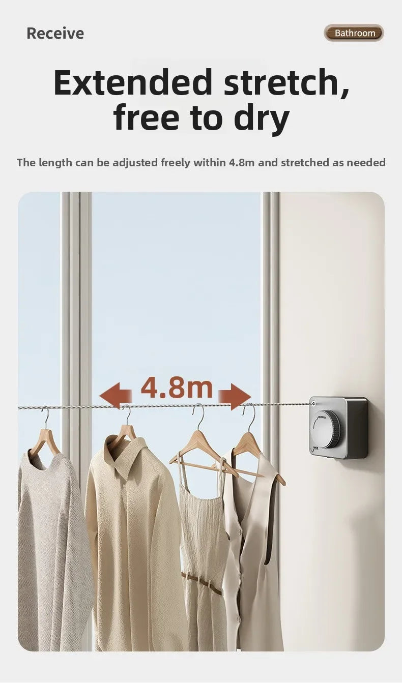 Clothing hanging on a stretching with text indicating extended stretch and free to dry feature.