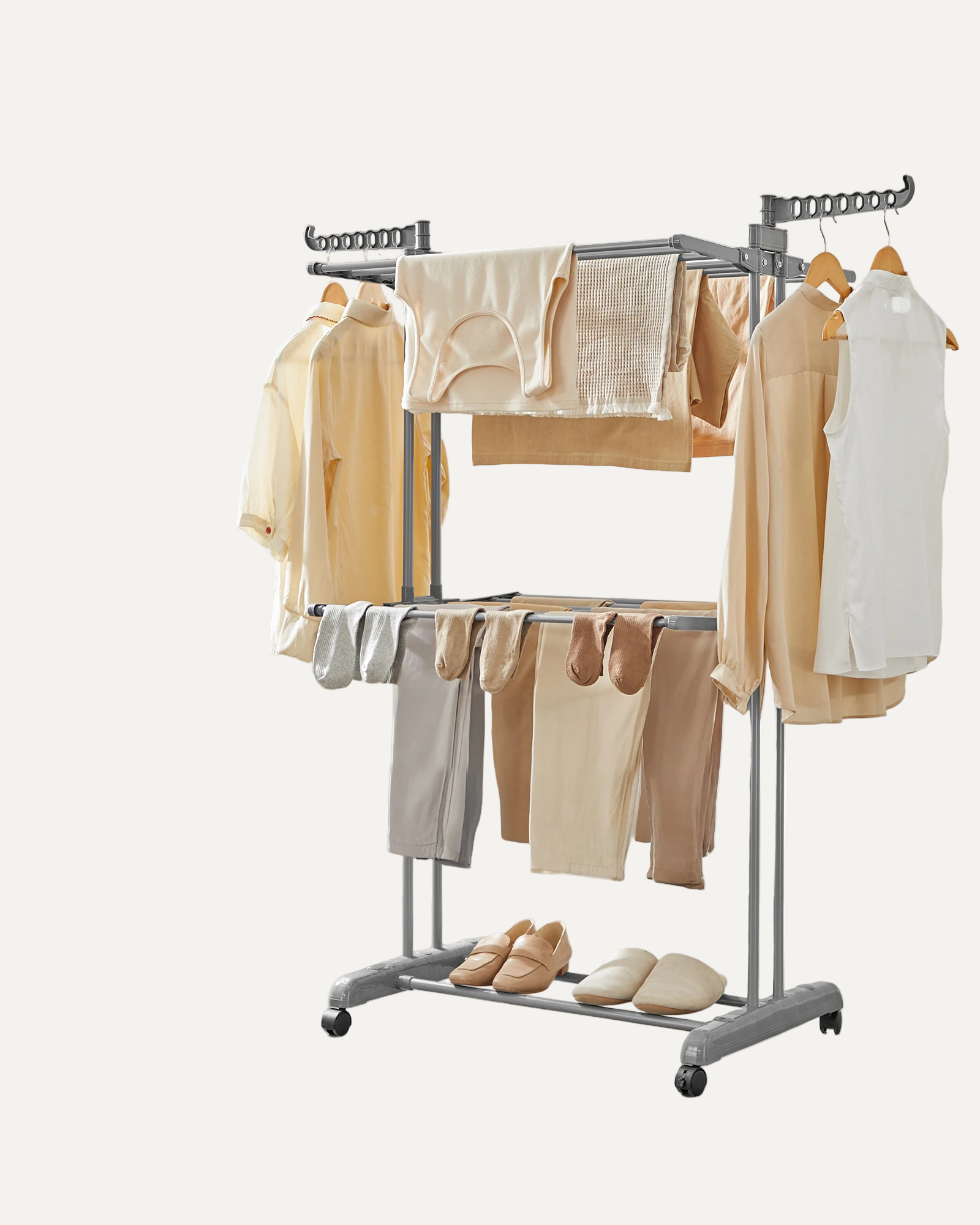 Clothing rack with clothes on a white background