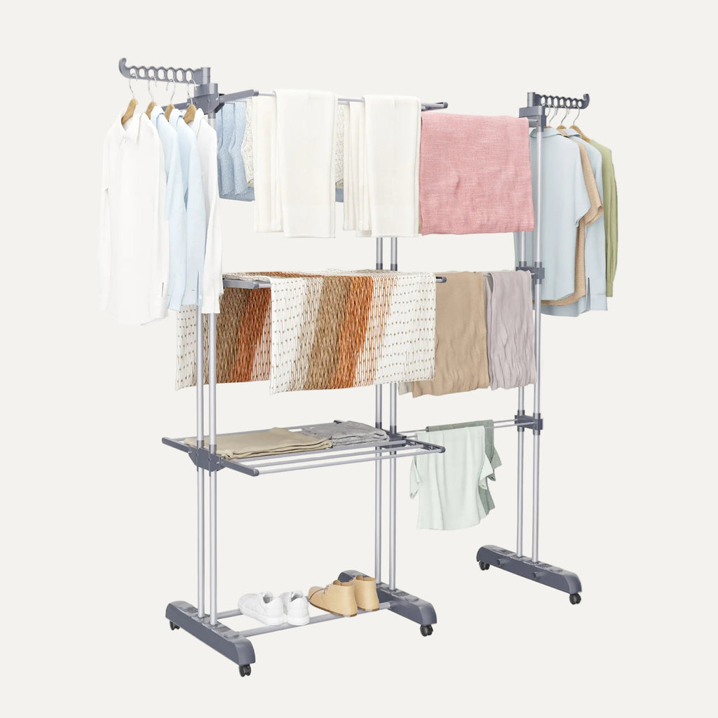 Clothing rack with clothes on a white background