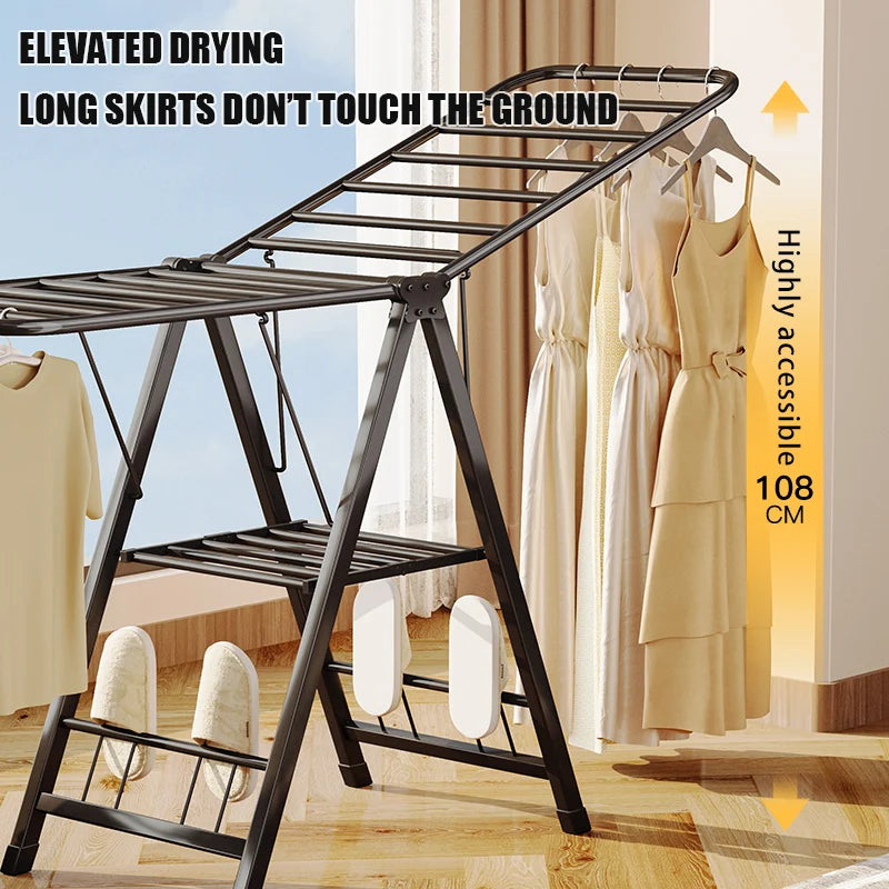 Clothing rack with clothes on a wooden floor, text indicating elevated drying for long skirts.