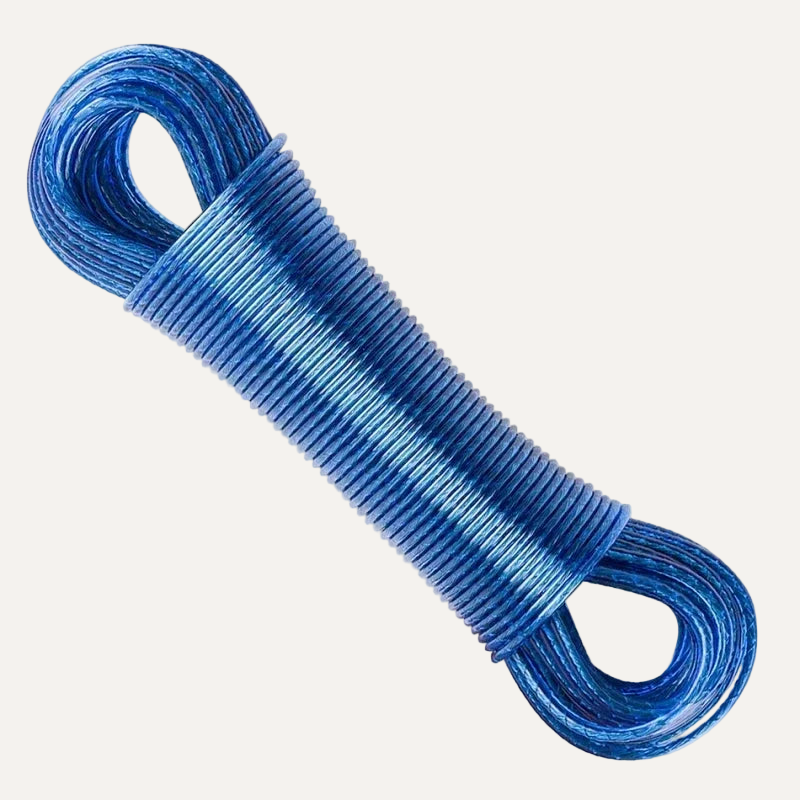 Coiled blue clothes line rope on a white background