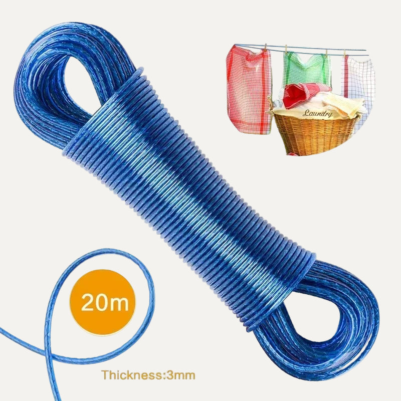 Coiled blue clothes line rope on a white background with 20 meter length and 3mm in thickness