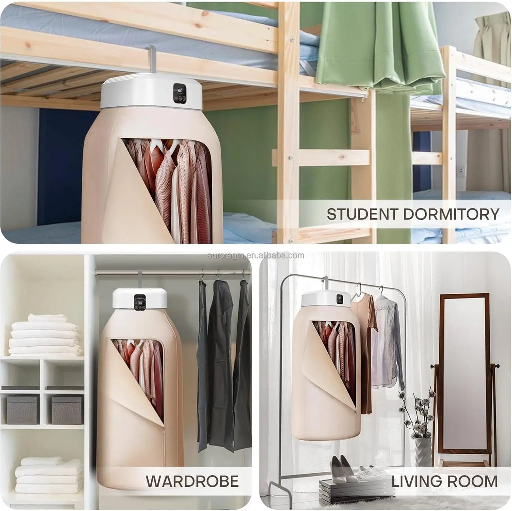 Collage of a portable wardrobe in various settings including a student dormitory, wardrobe, and living room.