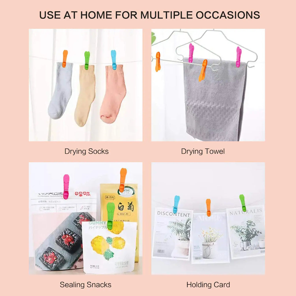 Collage of clips used for drying socks and towels, sealing snacks, and holding cards on a pink background.