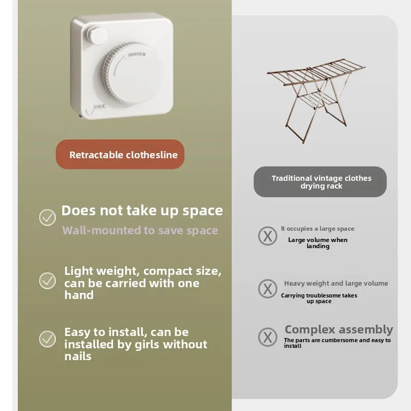 Comparison of a retractable clothesline and a traditional vintage clothes drying rack.