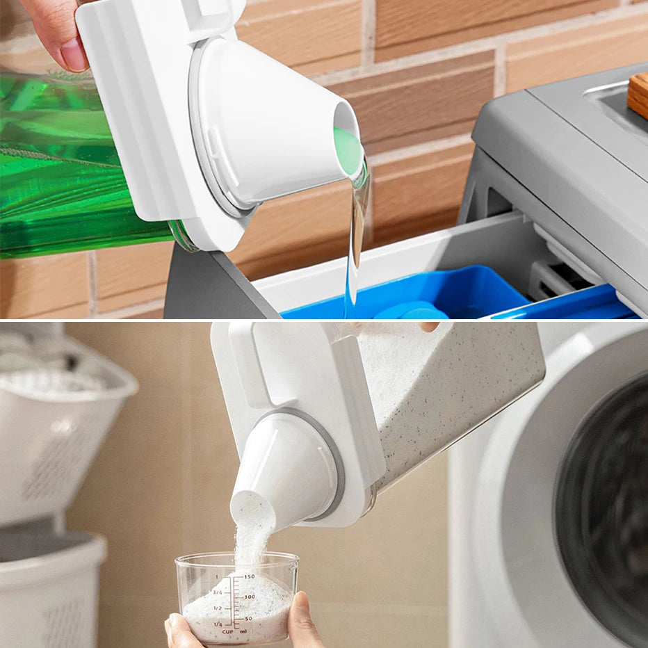 Detergent being poured from a Refillable Laundry Detergent Dispenser into a washing machine