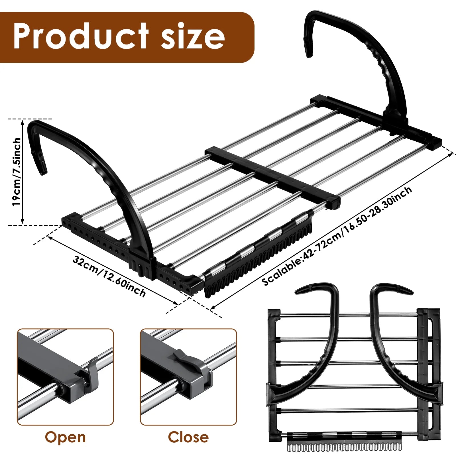 Dimensions and features of a portable and foldable clothing airer with adjustable arms.