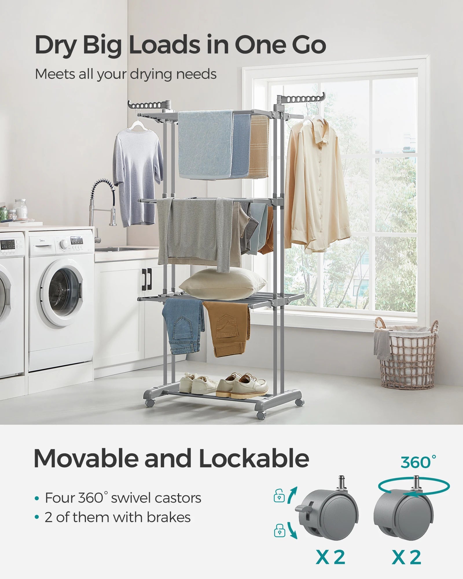 Dryer rack with clothes in a laundry room, featuring text about its features.