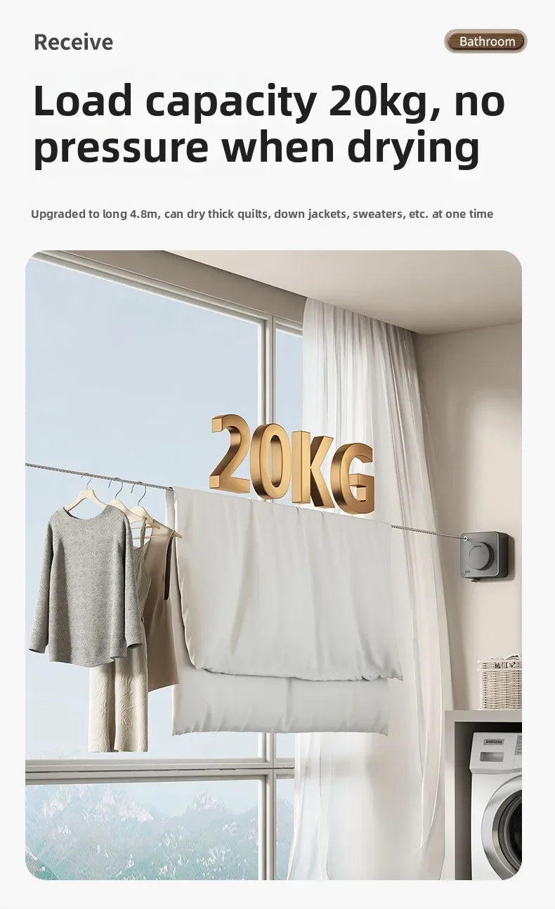 Drying rack with '20KG' capacity sign, clothes hanging on it, and a window in the background.
