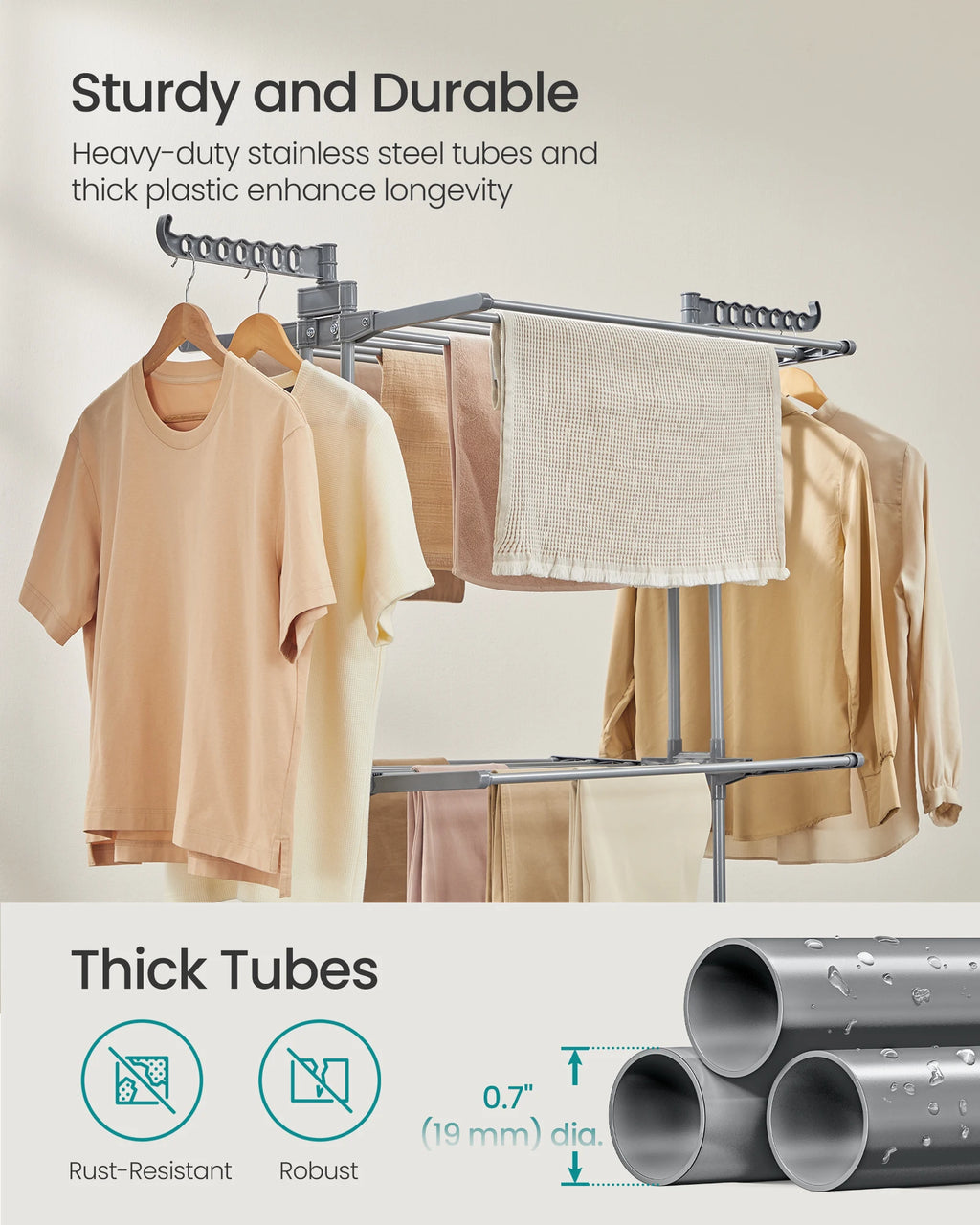 Drying rack with clothes and text about durability and thick tubes
