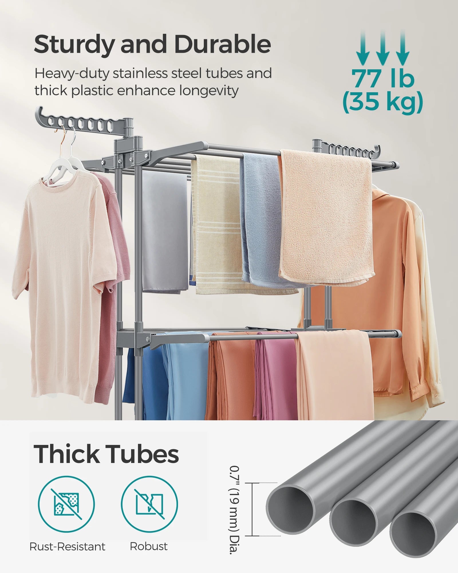 Drying rack with clothes and text highlighting durability and features