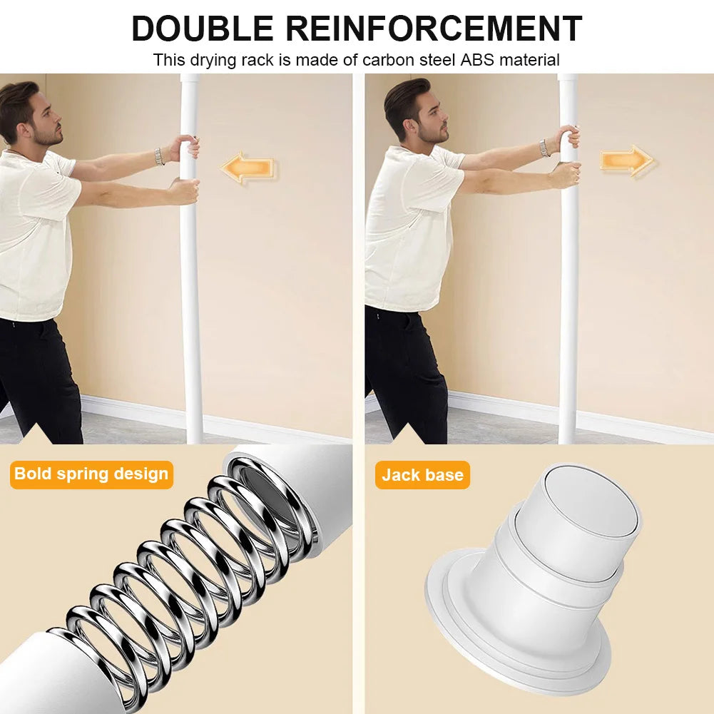 Drying rack with double reinforcement features, including a bold spring design and jack base, on a beige background.