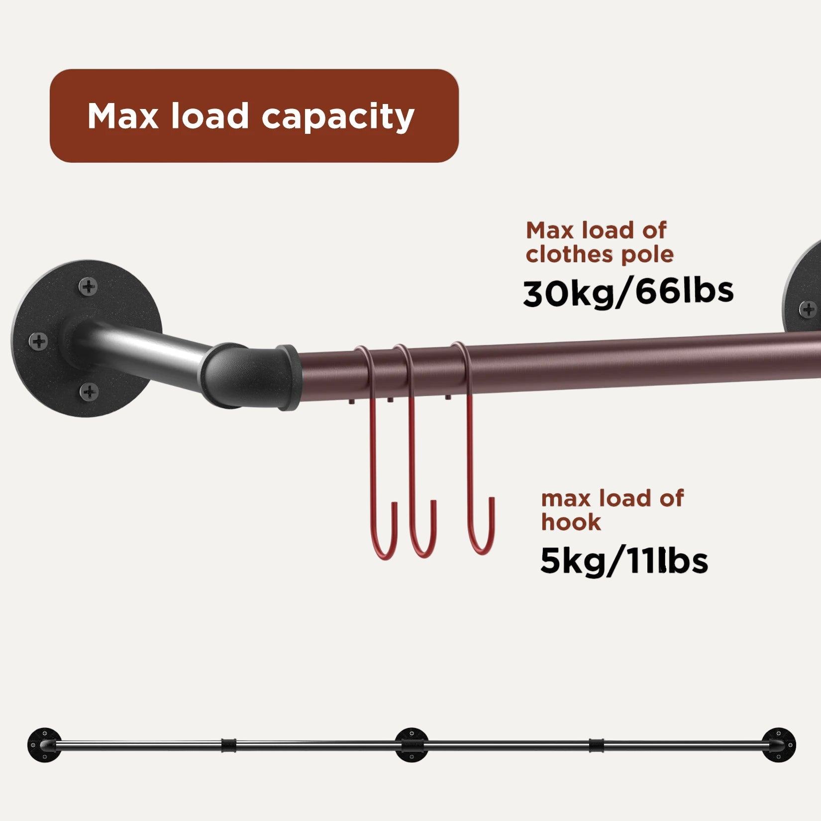 Drying rod with hooks showing maximum load capacity on a white background