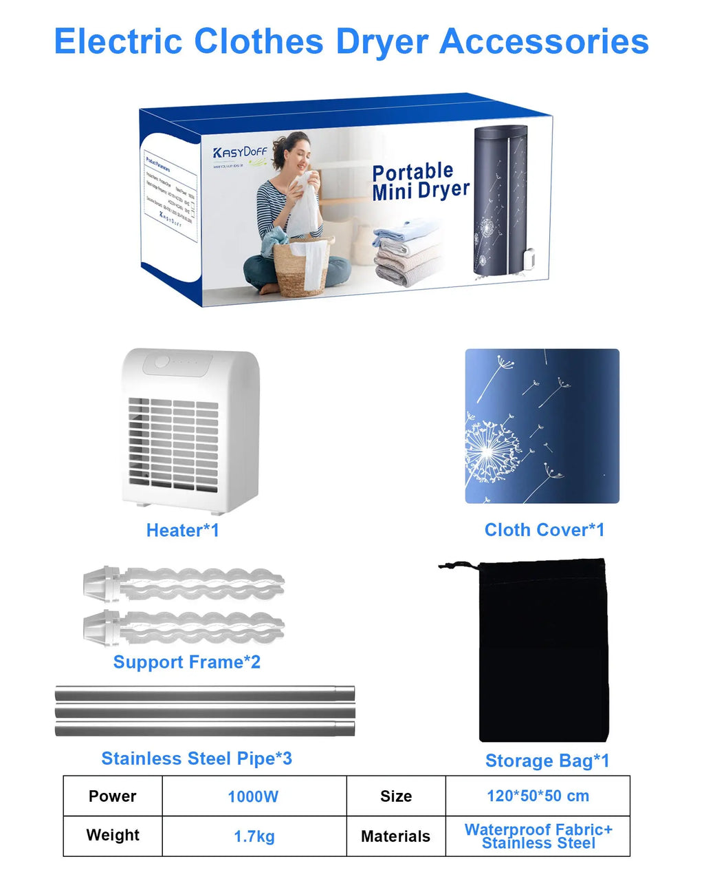 Electric clothes dryer accessories including a heater, cloth cover, support frame, stainless steel pipe, and storage bag on a white background.