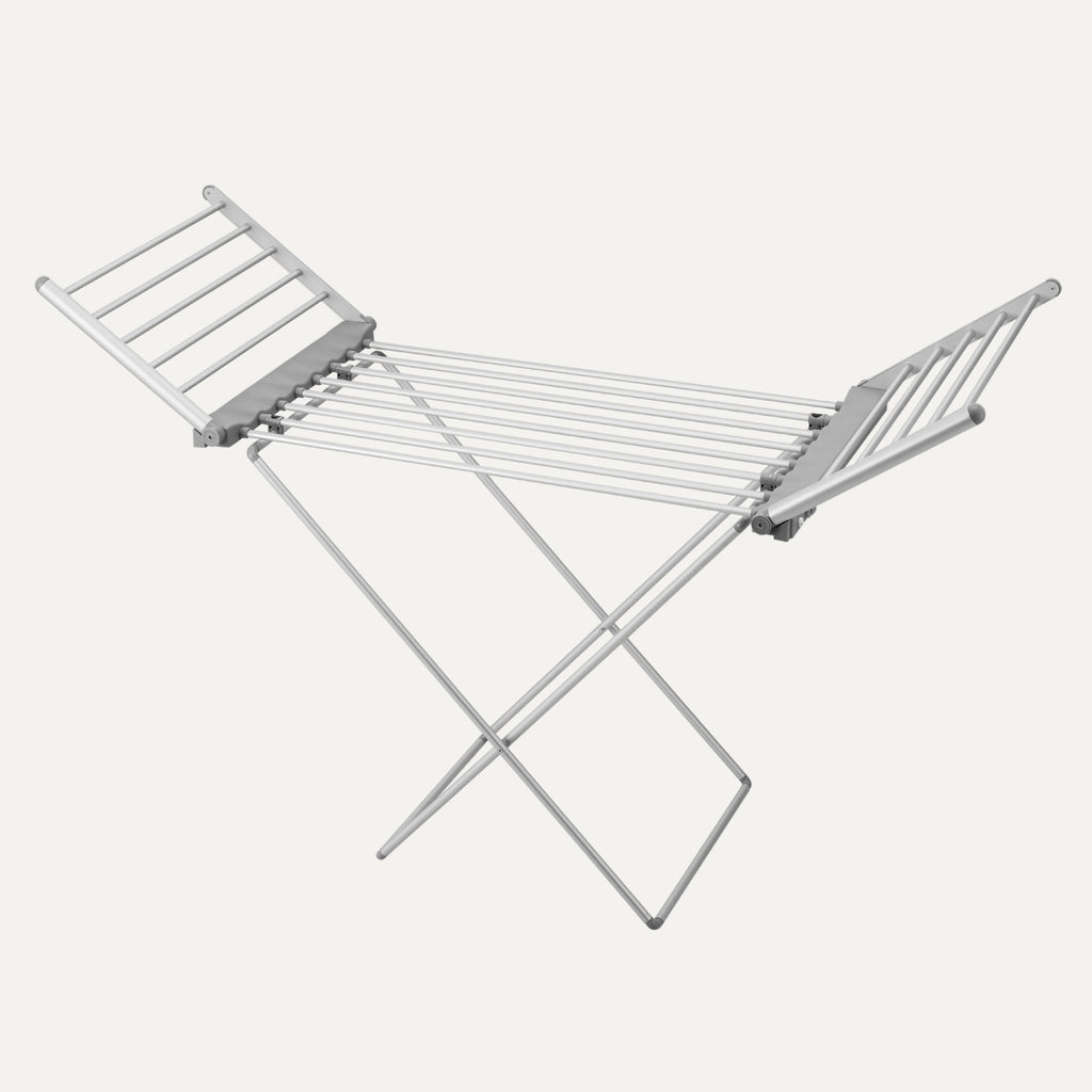 Electric foldable metal clothes drying rack on a white background