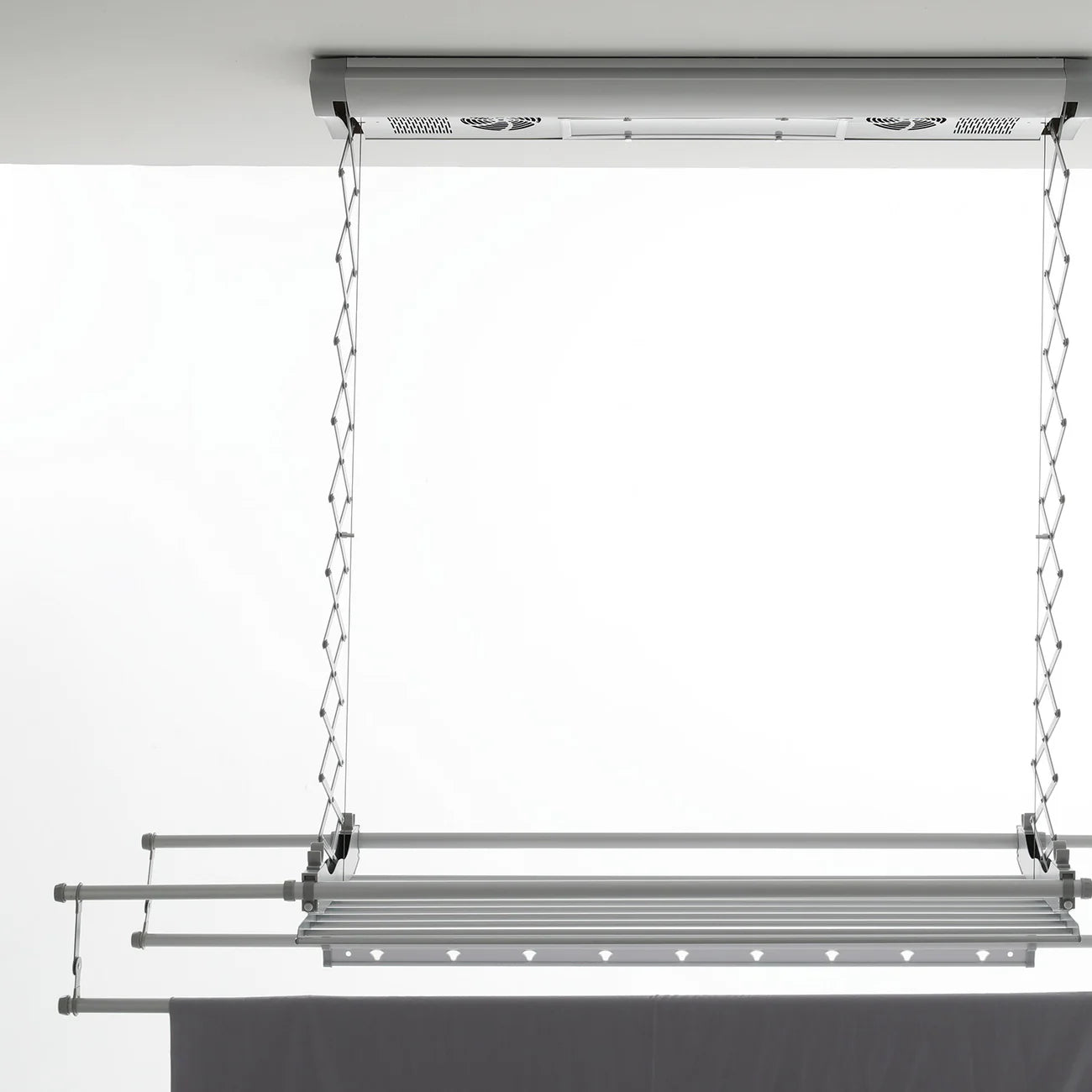 Extended Electric Ceiling-mounted clothes airer on a white backgroundElectric Ceiling-mounted clothes airer on a white background