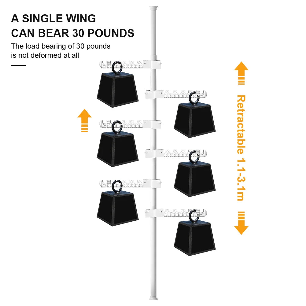Floor to ceiling clothes airer with weight-bearing capacity demonstration on a white background
