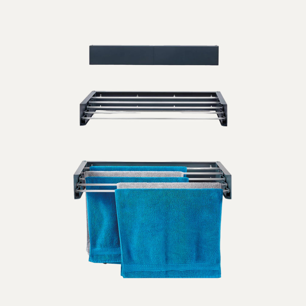Foldable Towel rack/airer with blue towels on a white background