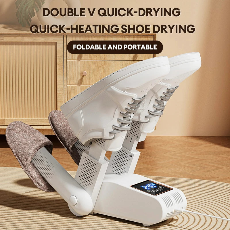 Foldable and portable shoe drying device with a white shoe on top, set against a wooden floor background.